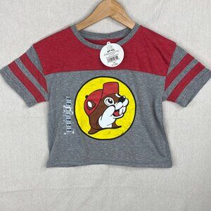 Buc-ee’s Crop Top Tee Tshirt Youth M Red Gray Beaver Bucees Buc-ees Distress NWT